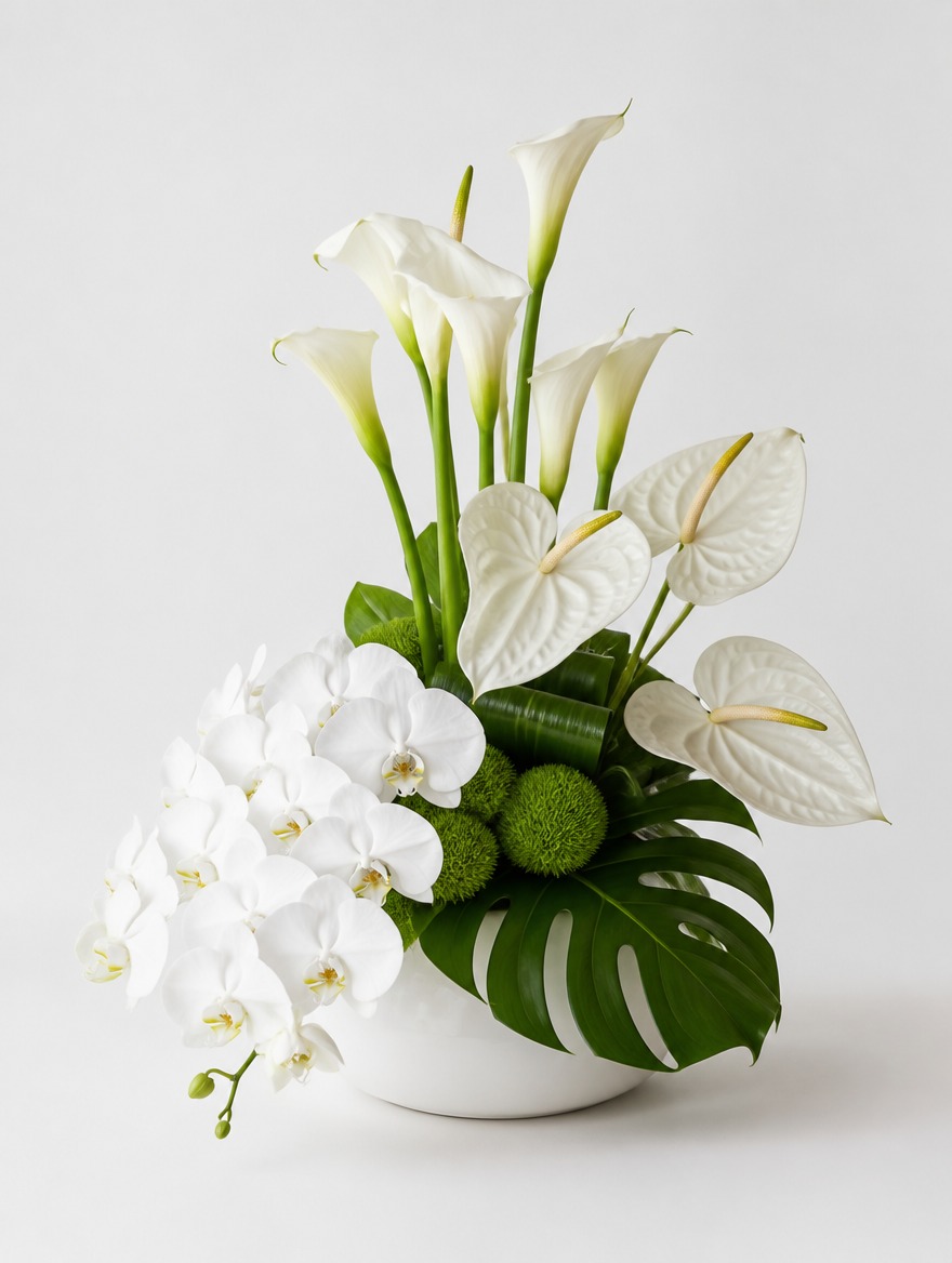 Marina Bay — white calla lilies, anthuriums, and white orchids