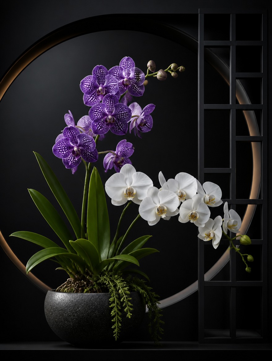 The Vanda — purple Vanda Miss Joaquim orchids with white phalaenopsis