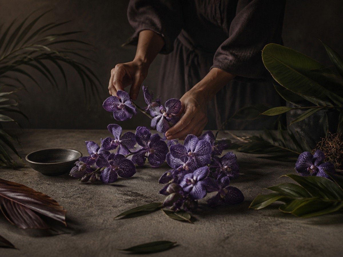 Florist's hands arranging purple Vanda orchids on a concrete workbench